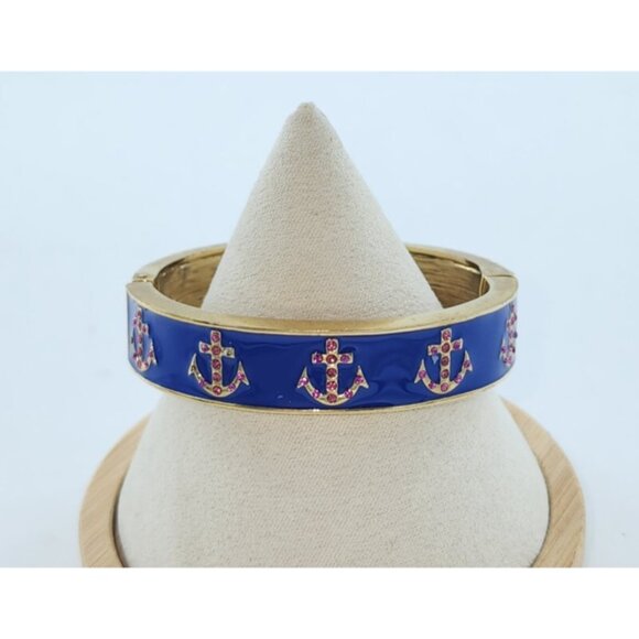 Betsey Johnson Gold Tone Hinged Bracelet Blue Enamel Pink Stones Anchor Nautical - Picture 1 of 12